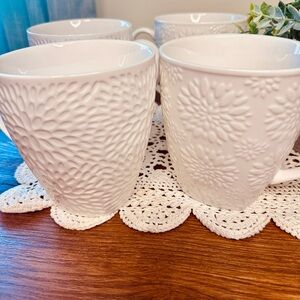 Elegant White Floral Embossed Mugs Set of 4